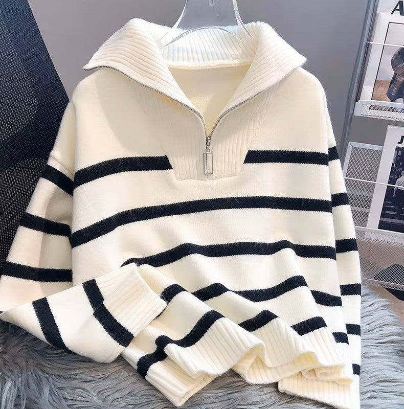 Lauren - Pull tricoté rayé avec collier tourné et fermeture à glissière