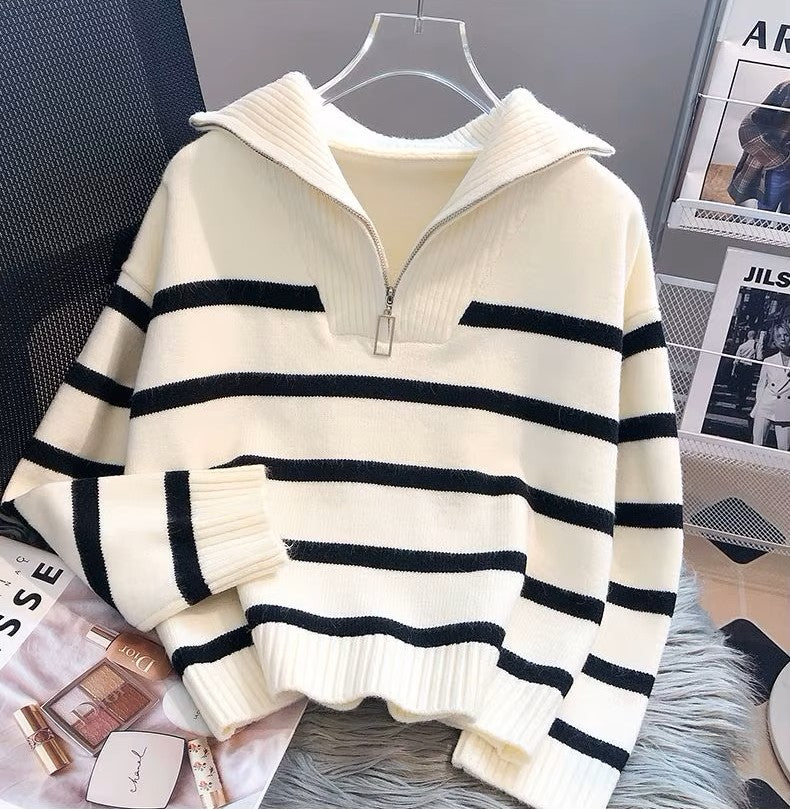 Lauren - Pull tricoté rayé avec collier tourné et fermeture à glissière