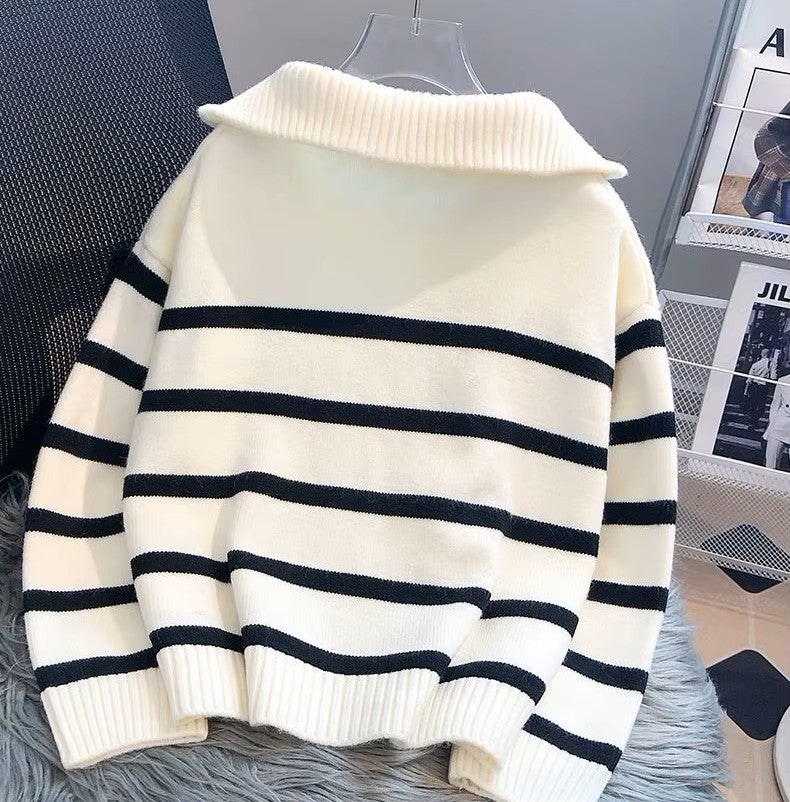 Lauren - Pull tricoté rayé avec collier tourné et fermeture à glissière