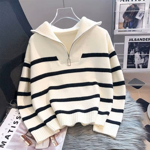 Lauren - Pull tricoté rayé avec collier tourné et fermeture à glissière