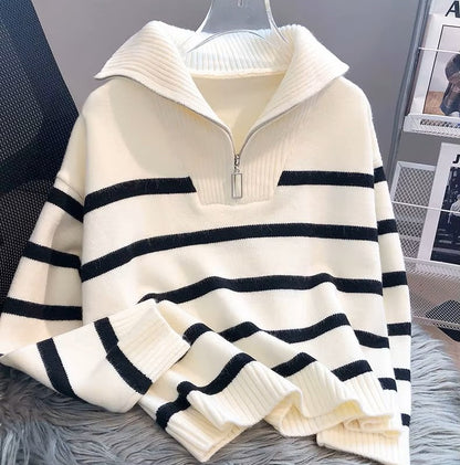 Lauren - Pull tricoté rayé avec collier tourné et fermeture à glissière