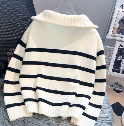 Lauren - Pull tricoté rayé avec collier tourné et fermeture à glissière